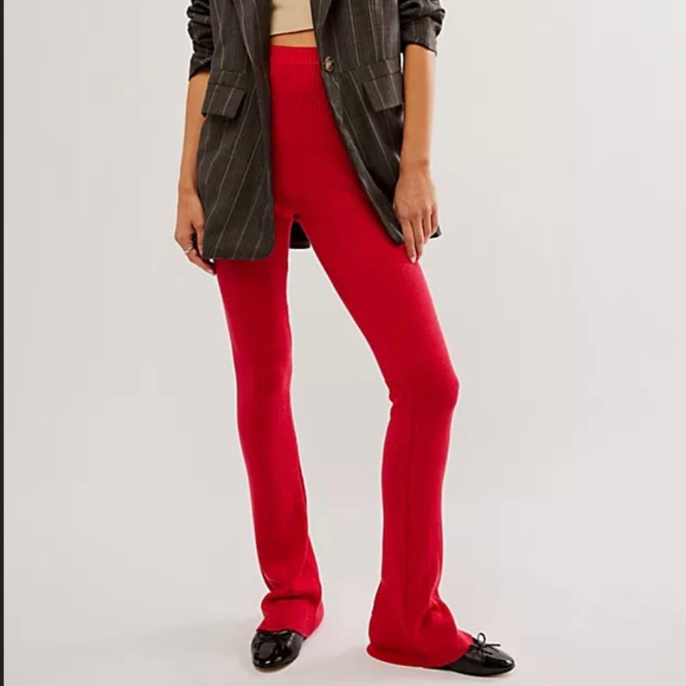 NWOT Free People Golden Hour Knit Ribbed Pant in Red Apple